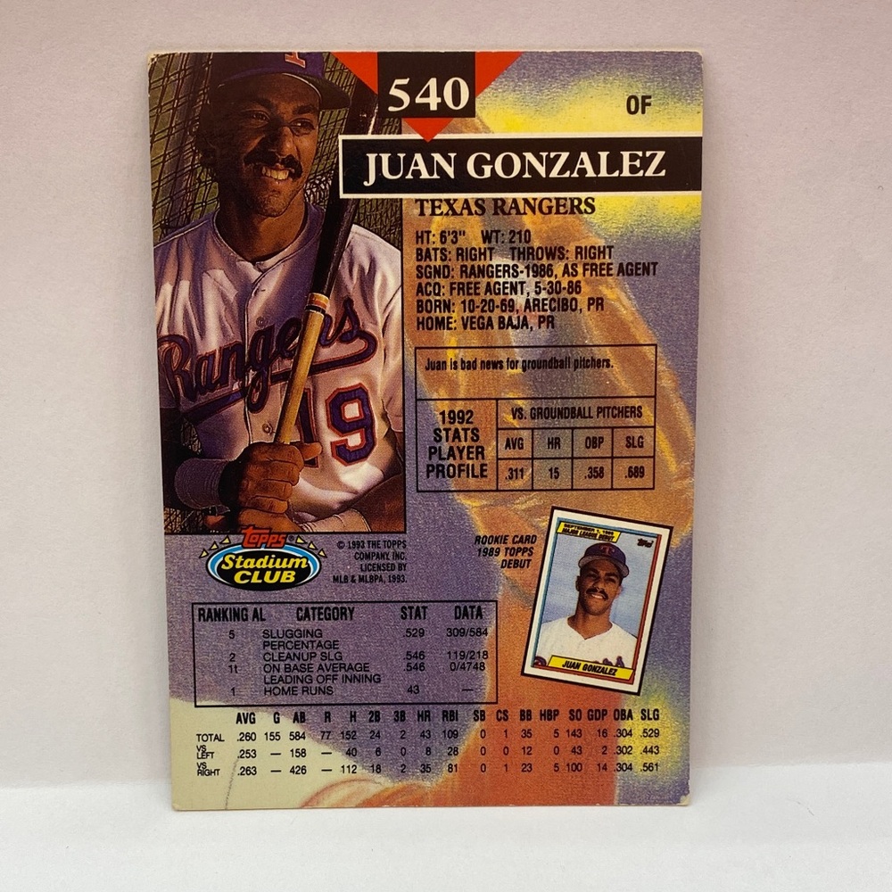 1993 Topps Stadium Club Juan Gonzalez #540 in Person Autograph (082) - Picture 3 of 7